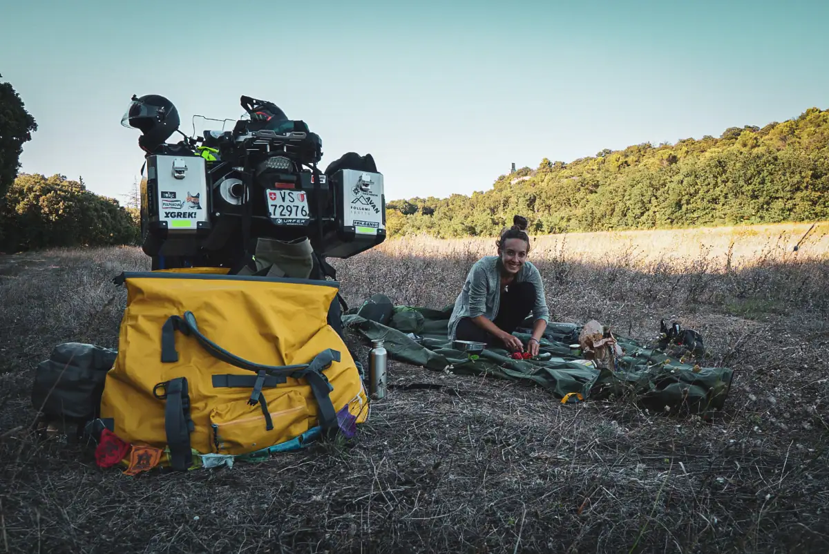 Wild bivouac with motorcycle in France — tent pitched in nature