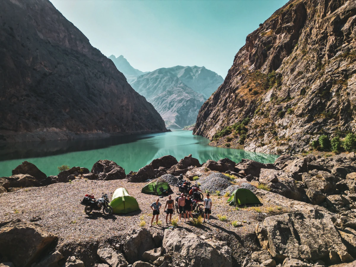 Camping with friends by the lake in Tajikistan, Sander, Iris, Seb and us