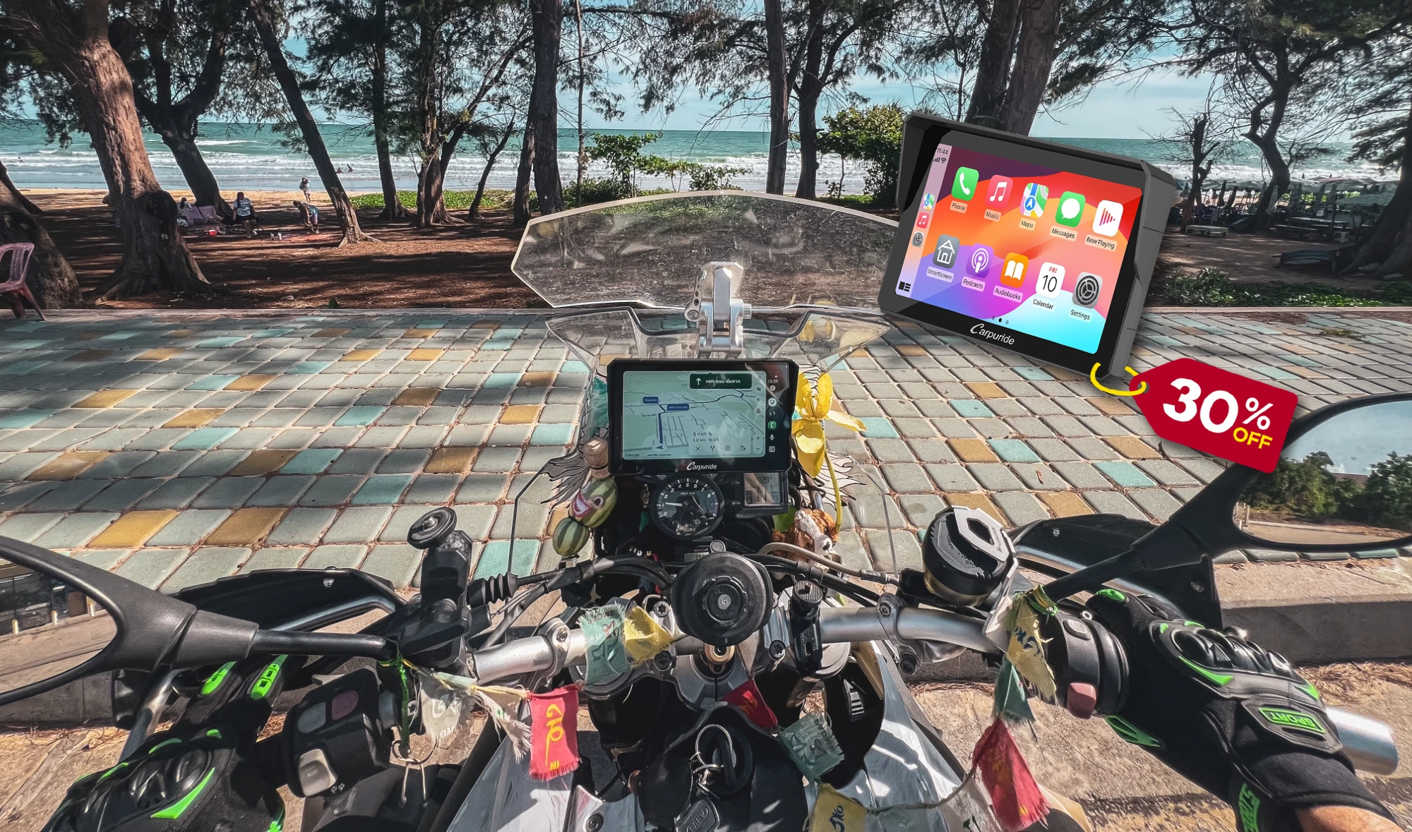 Carpuride W702 Pro mounted on BMW F800 GS Falkor, 7-inch screen showing Google Maps