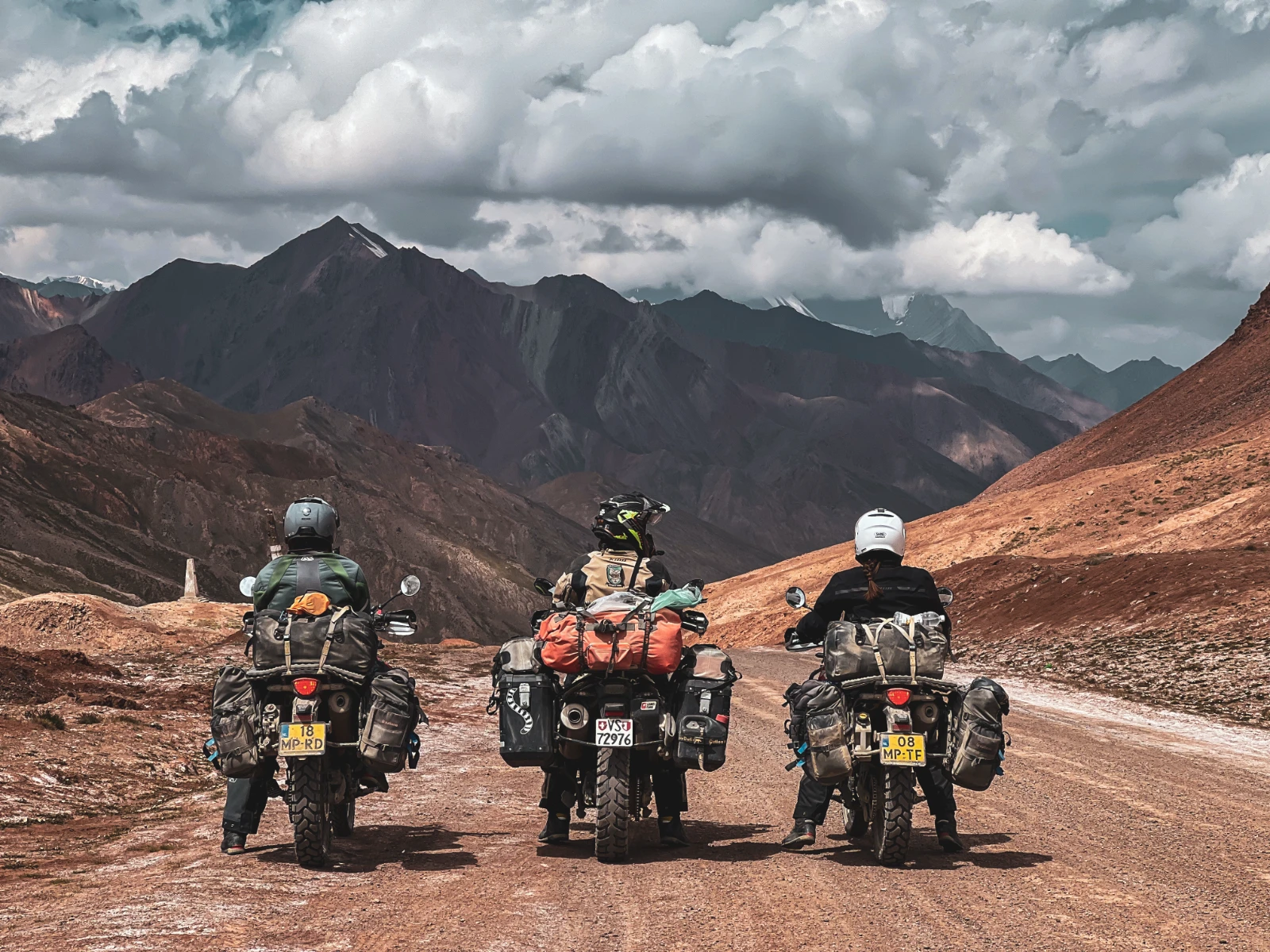 Our group of five motorcycle riders on the Pamir Highway in Tajikistan