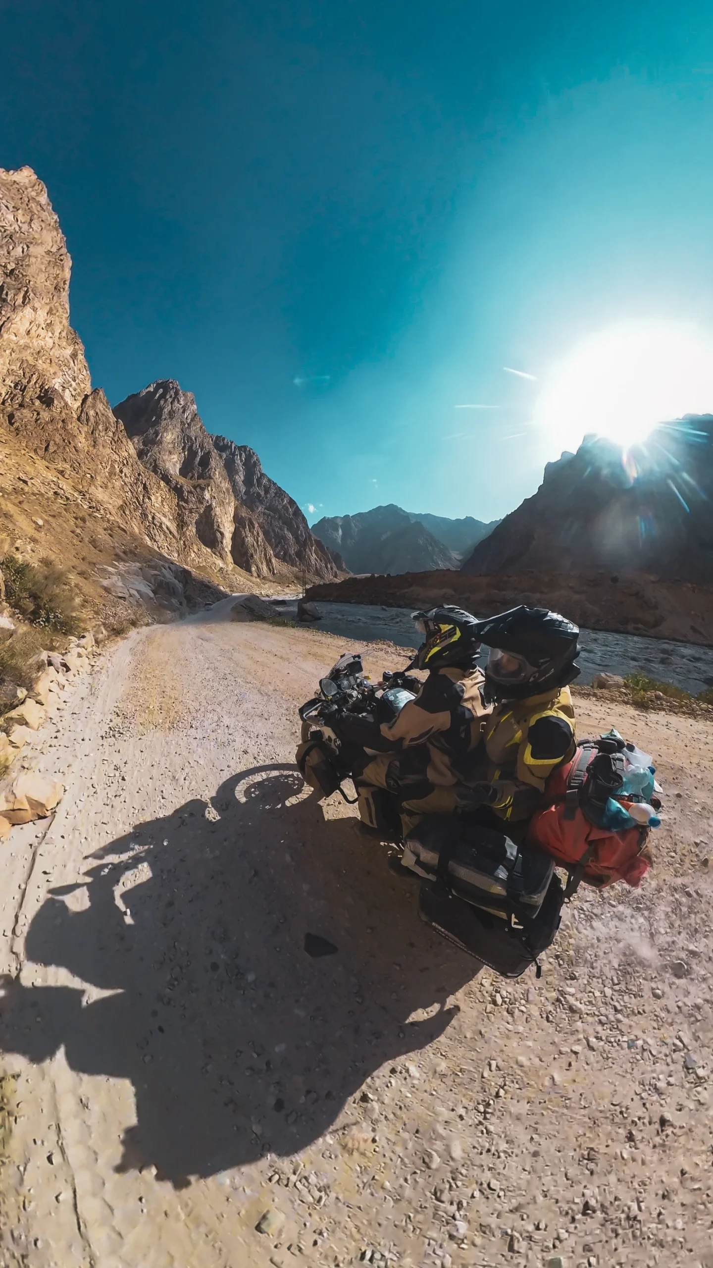 Insta360 camera shot on the Pamir Highway, incredible mountain scenery captured from the motorcycle