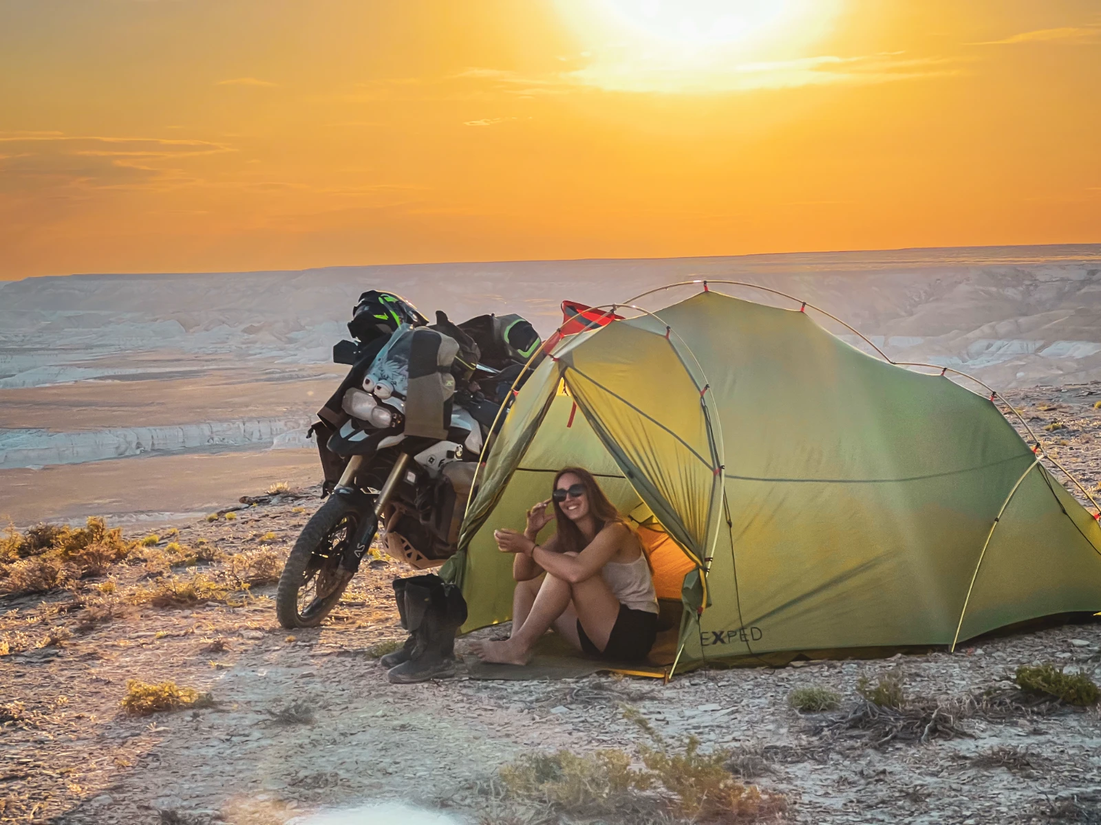 First wild camping bivouac in the Mangystau Desert at sunset