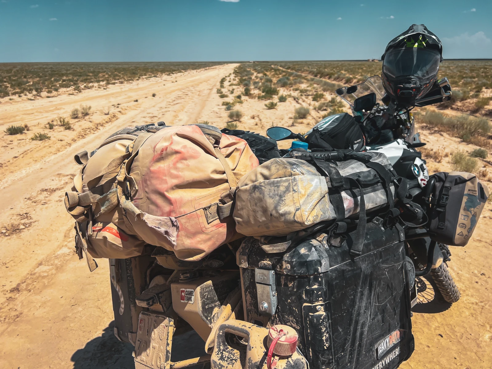 Dust on motorcycle plate after Mangystau desert riding