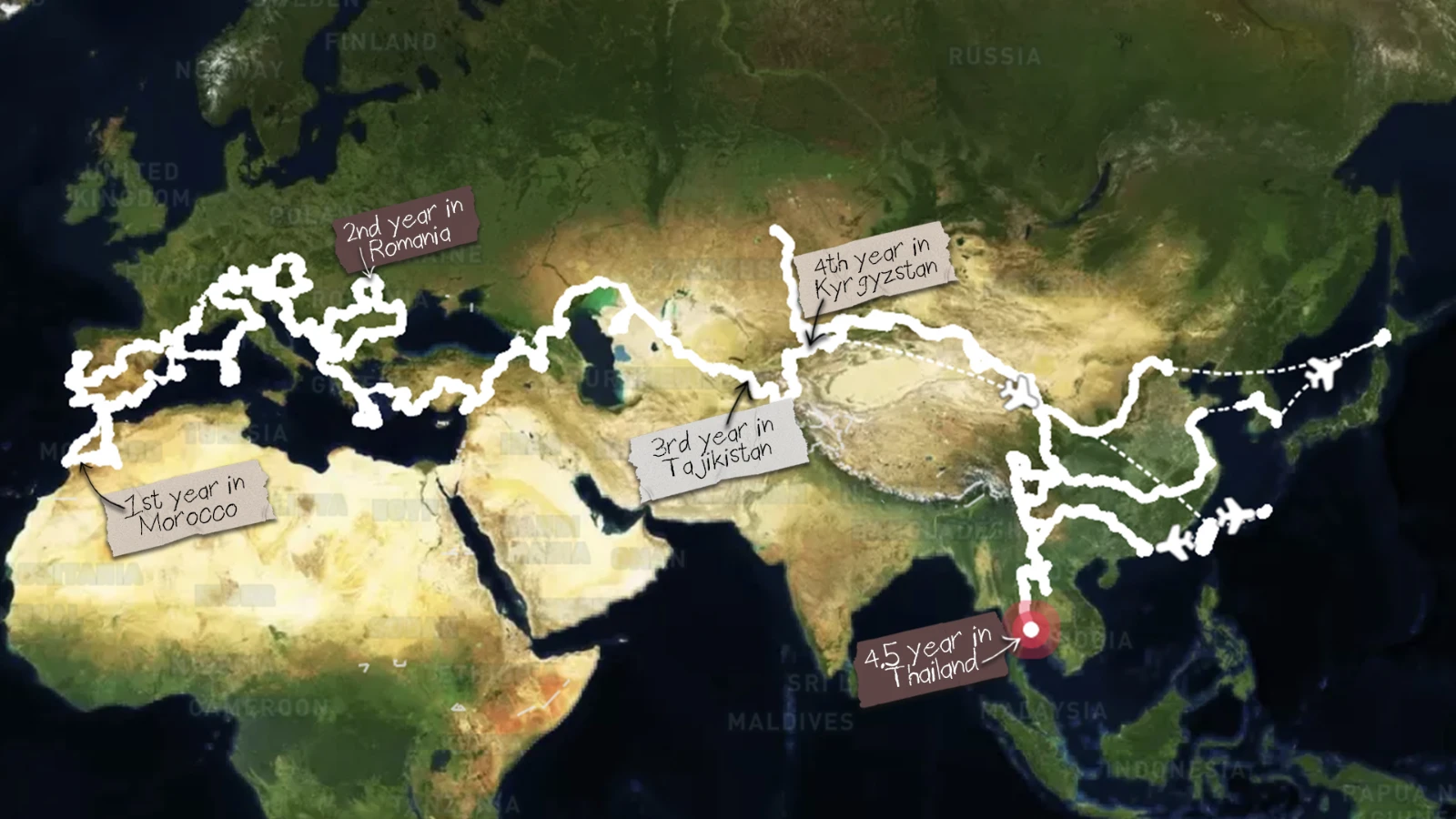 Map of our NeverEnding Journey from Switzerland across Eurasia, based on Polarsteps