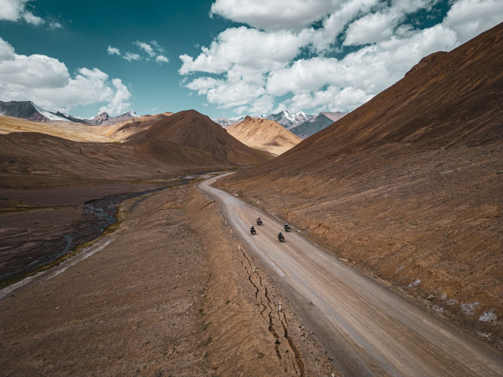 Riding the Pamir Highway by motorcycle, our crew crossing the Ak Baital Pass at 4,655 metres