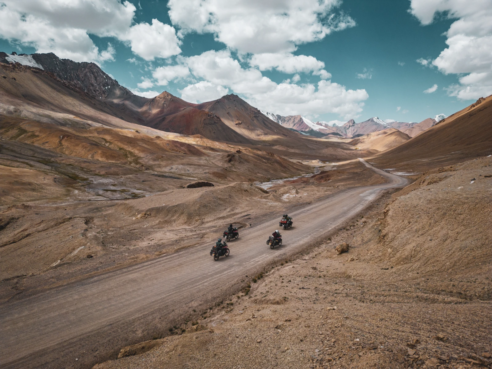 Drone shot of the motorcycle on one of the highest roads in the world