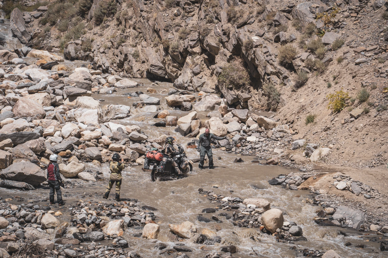 Aerial view of flooded Pamir Highway road