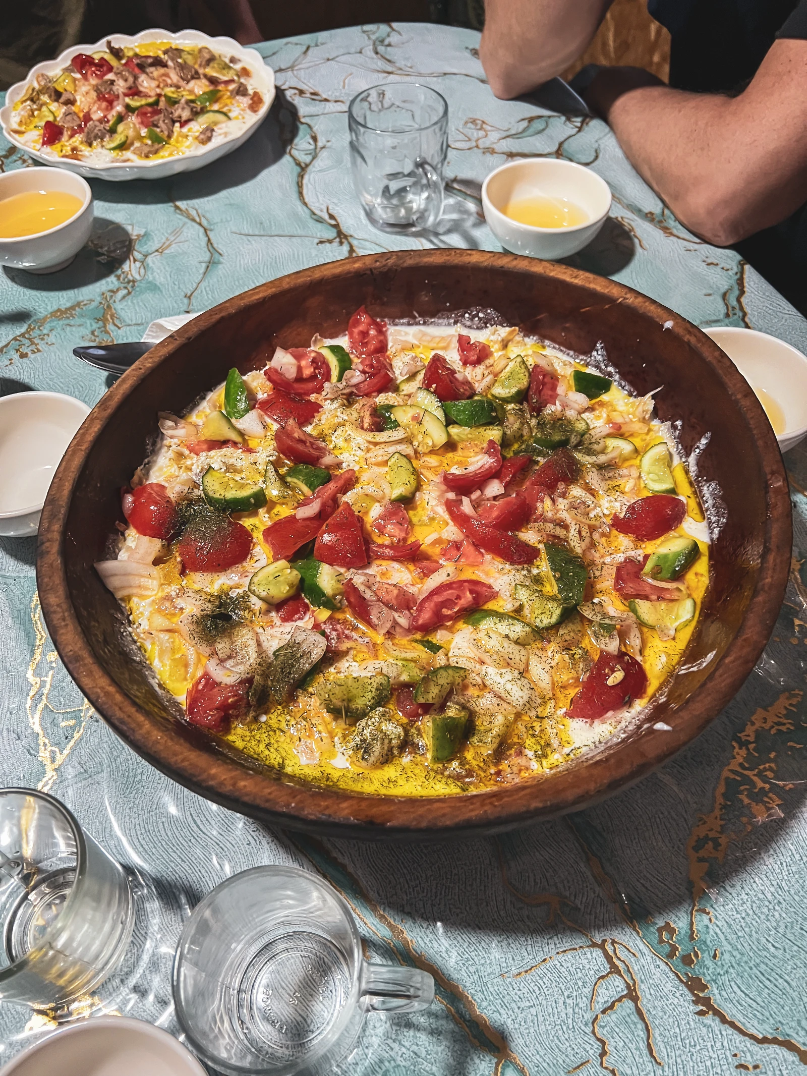 Kurutob, the famous Tajik national dish, available in vegetarian version