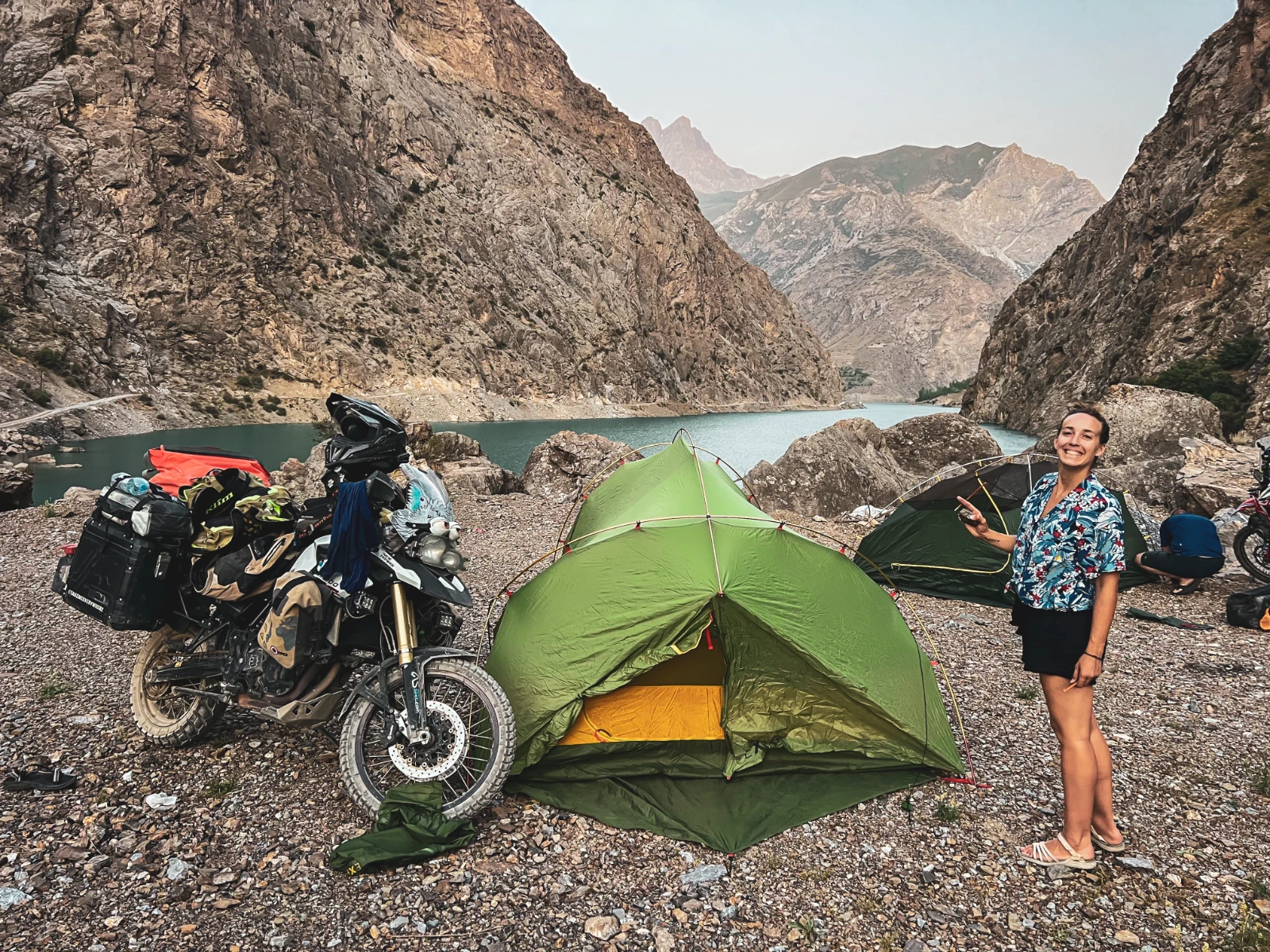 Wild camping at the Seven Lakes in Tajikistan during our Pamir Highway motorcycle trip