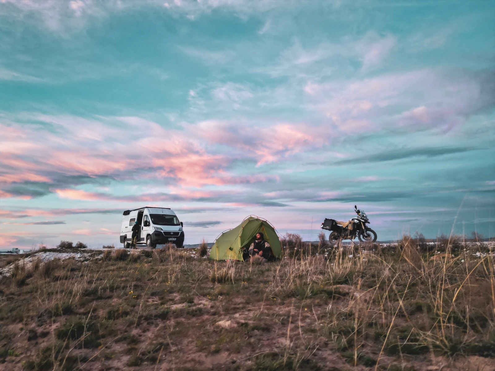 Wild camping bivouac by Lake Tuz during our Turkey by motorcycle trip