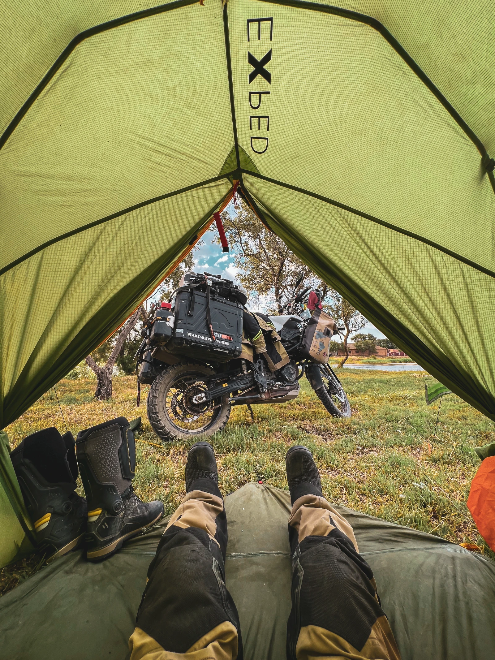 View from inside our tent during the Russia motorcycle transit