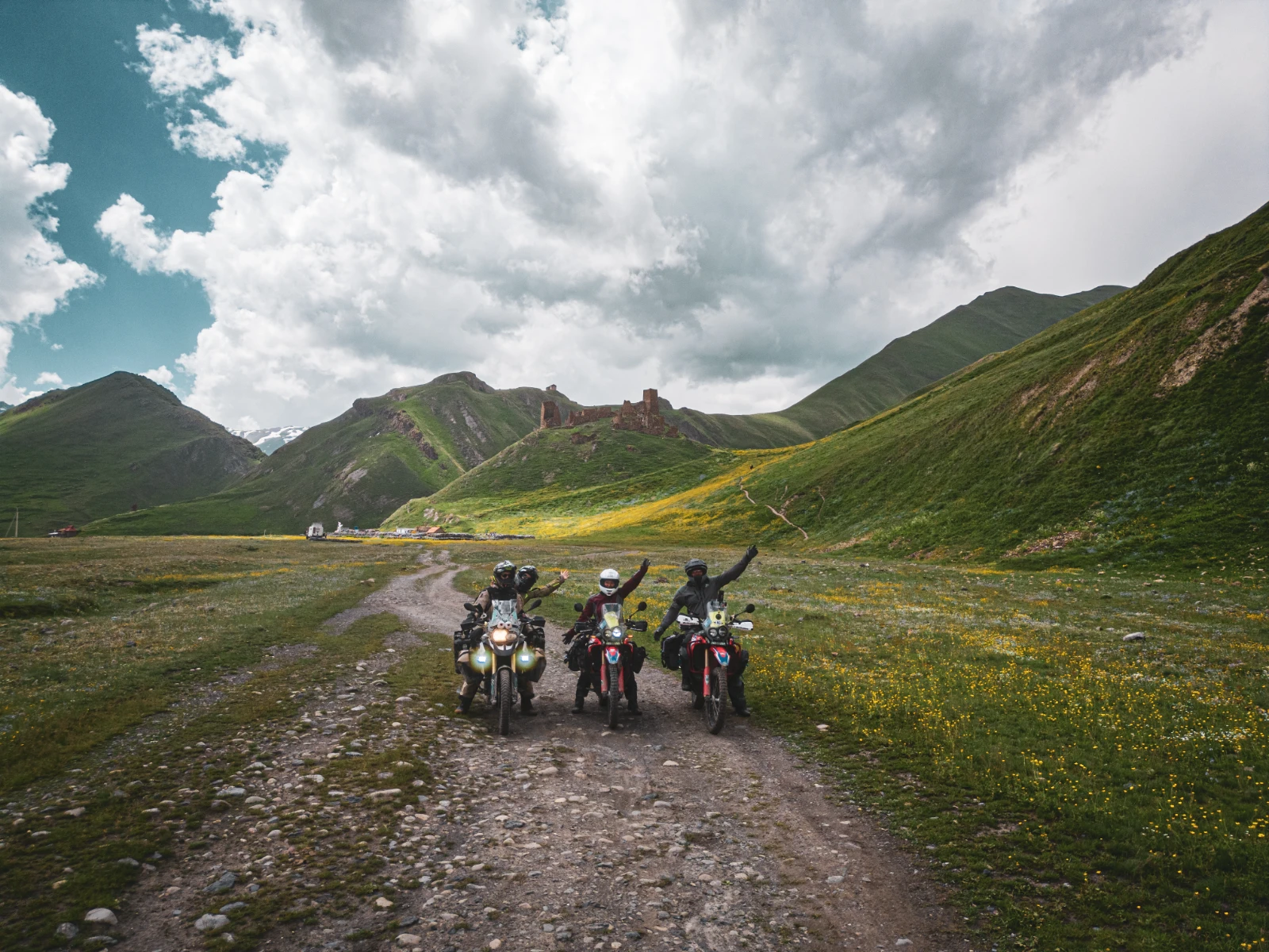 Motorcycle riders at the Zakagori fortress in Truso Valley, Georgia