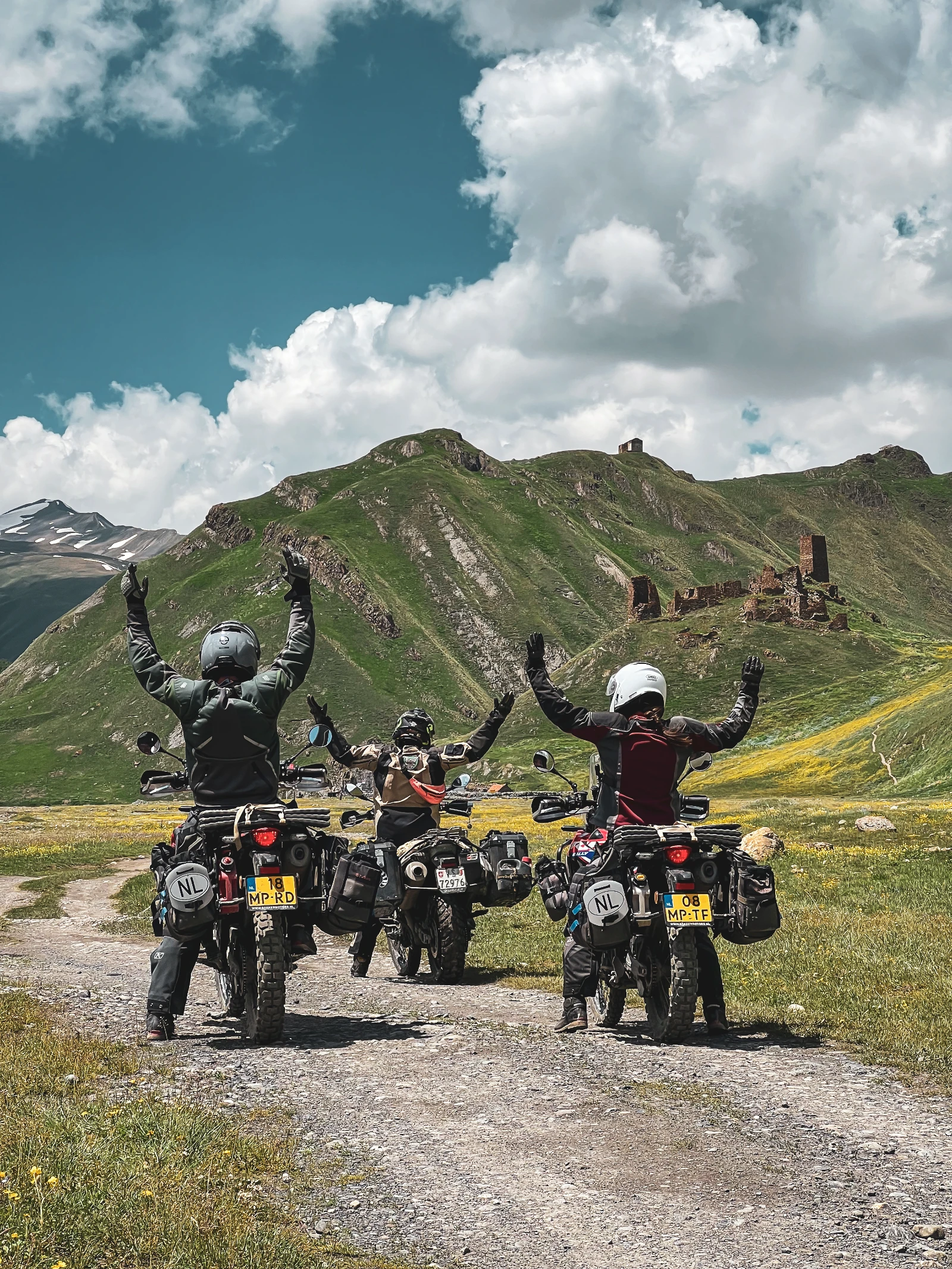 The full motorcycle crew in Truso Valley before entering Russia
