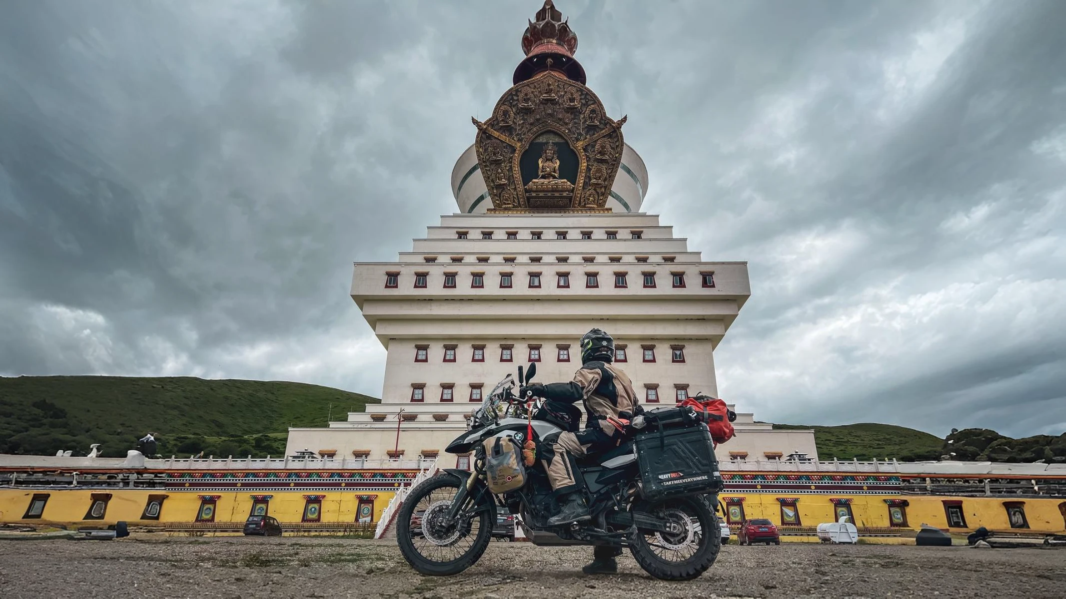 Tibet Historical stupa Falkor motorcycle