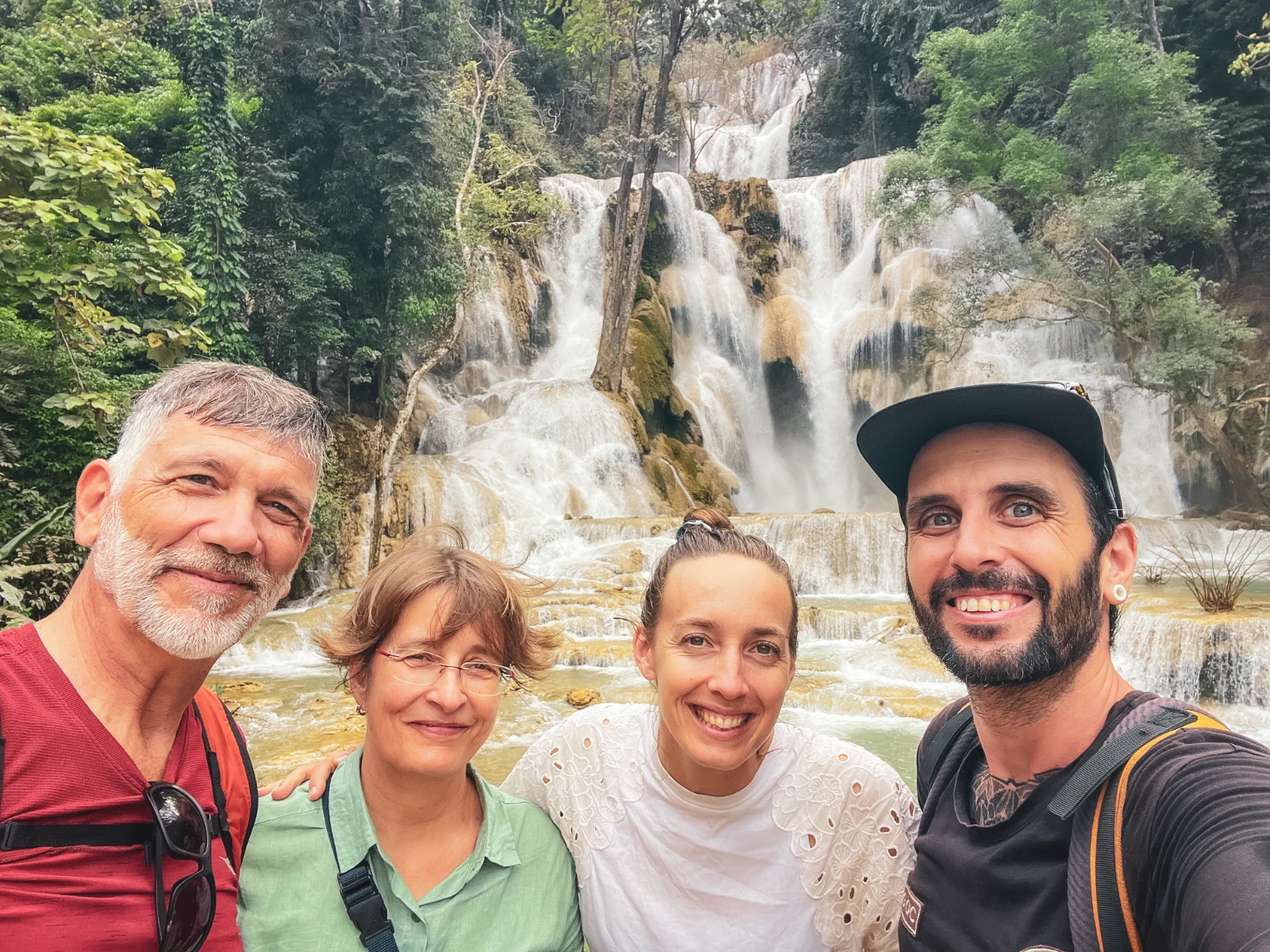 Laos waterfall Swiss friends reunion