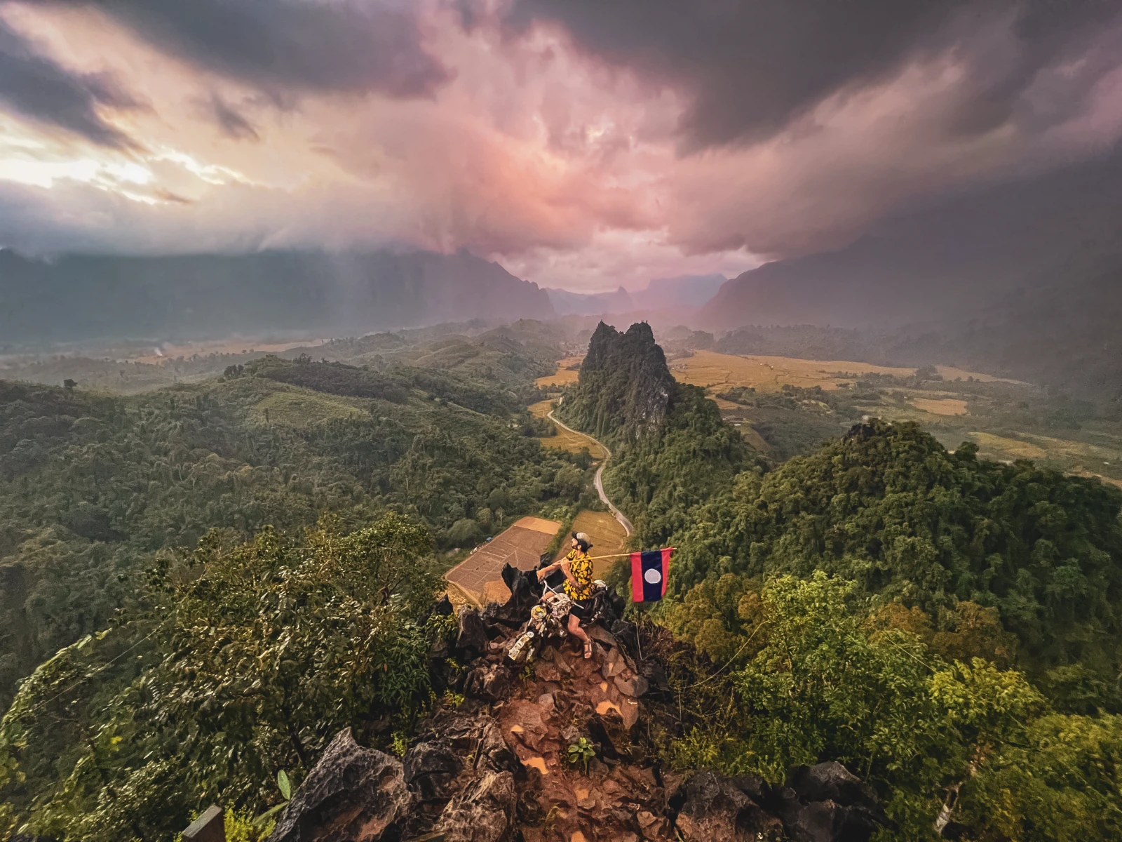 motorcycle travel Vang Vieng Laos viewpoint Falkor landscape
